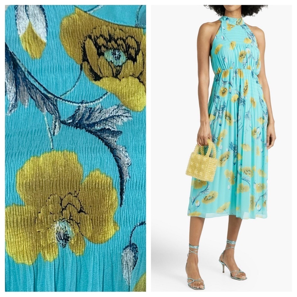 NEW DVF Lupin Floral-Print Plissé Chiffon Midi Dress Sz 6 Turquoise Floral